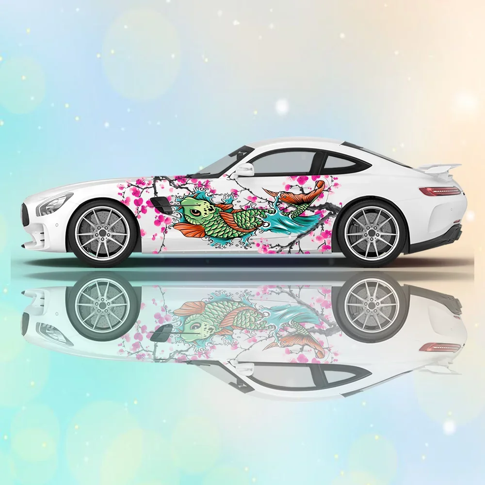 

Ink Wash Koi Flower Car Vinyl Wraps Decal Self-adhesive PVC Anti Scratch Sticker Suitable for Trucks SUV Decor Auto Accessories