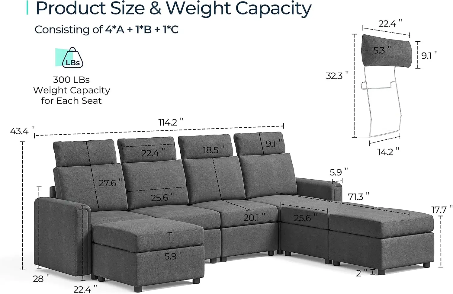 Modular Sectional Sofa, Upgraded High Back Sectional Couch with 4 Headrests, U Shaped Sofa Bed with Storage, Sofa Cov