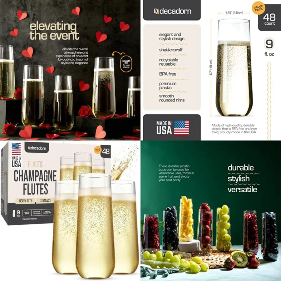 

Clear Stemless Champagne Flutes Plastic, Made in USA, 9oz Plastic Champagne Glasses - Durable and Sturdy Mimosa Glasses For Par