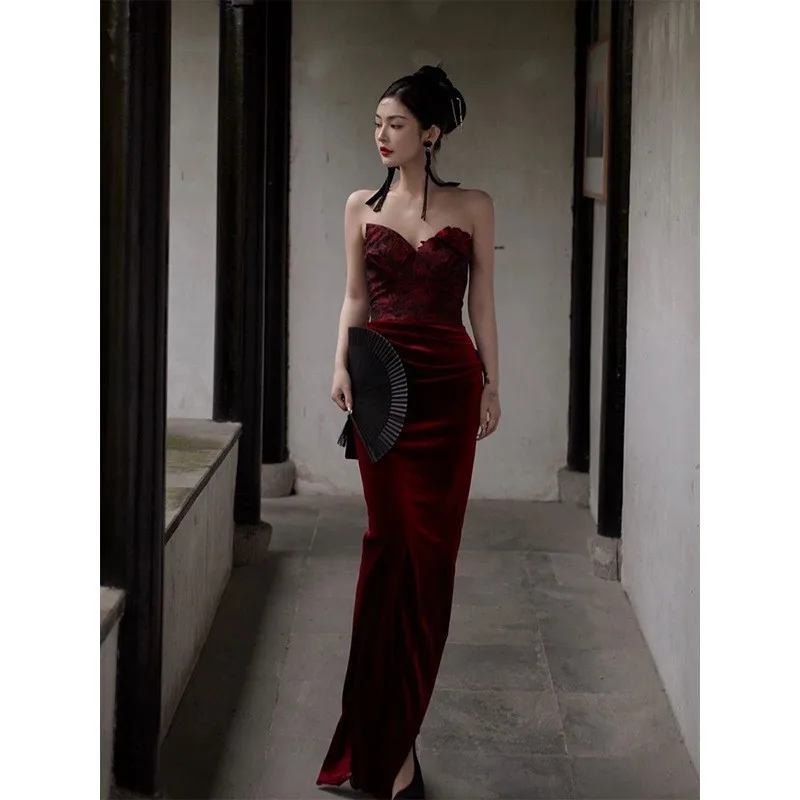 

Fish-tail slit toasting banquet performance dress