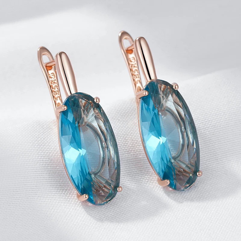 Kinel Hot Shiny Blue Big Oval Dangle Earrings For Women 585 Rose Gold Color With Natural Zircon High Quality Daily Fine Jewelry