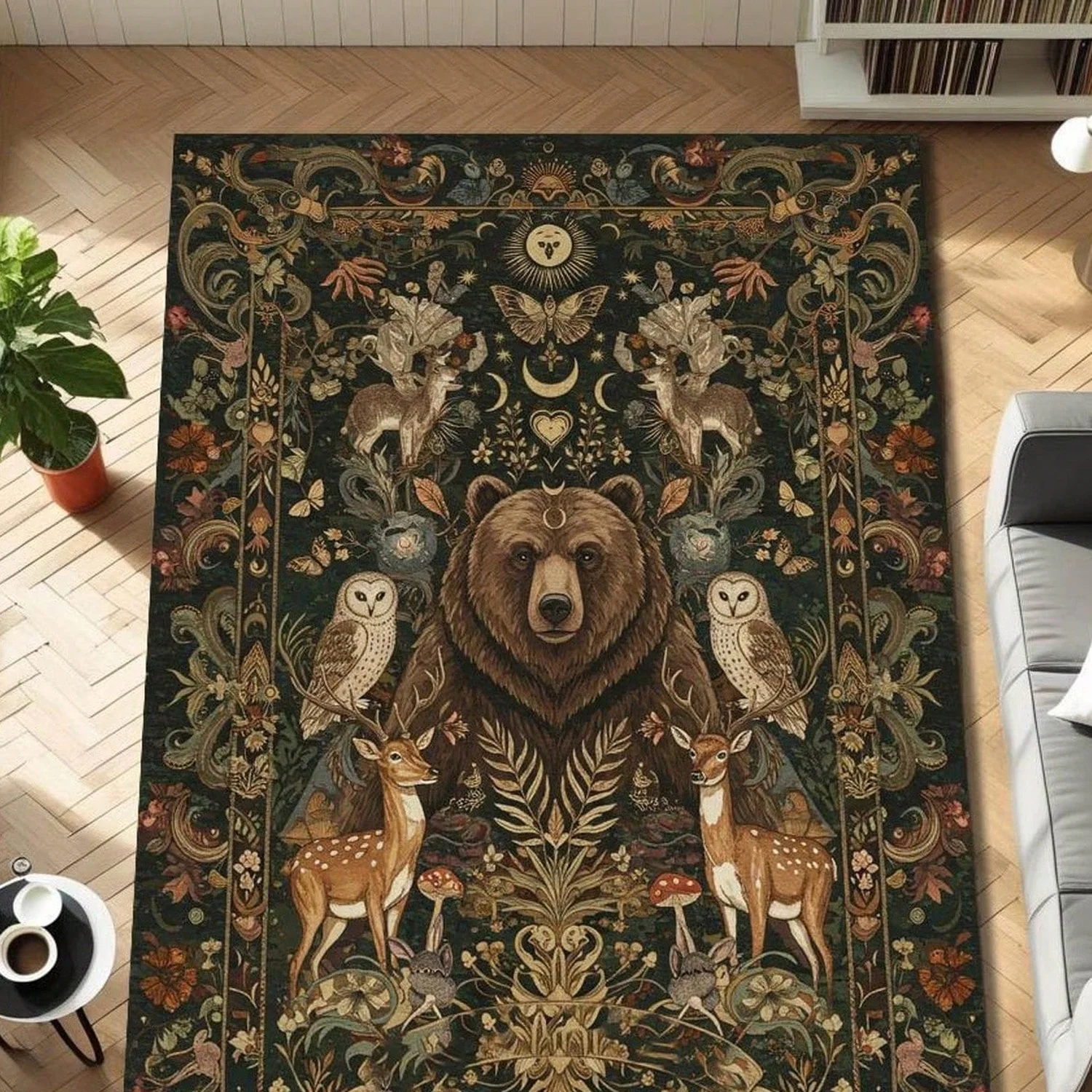 Forest Animal Tapestry Carpet, Panda, Owl, Deer Forest Area Rug, Vintage Plant Cottage Living Room Home Decor Gift Artwork.