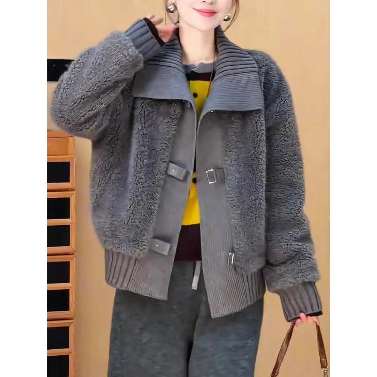 Women's Grey Faux Shearling Jacket 2026 New Knit Collar Buckle Detail Loose Fit Winter Teddy Coat Chic Commute Outerwear Lady view 4