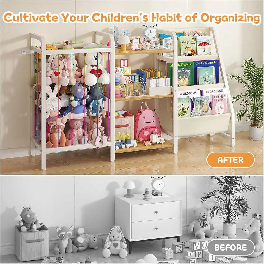 Rak Buku dan Penyimpanan Mainan Anak B1, Rak Buku 3 Tingkat untuk Kamar Anak, Rak Buku Bayi Model Gantung dengan Penyimpanan Boneka, Montessori