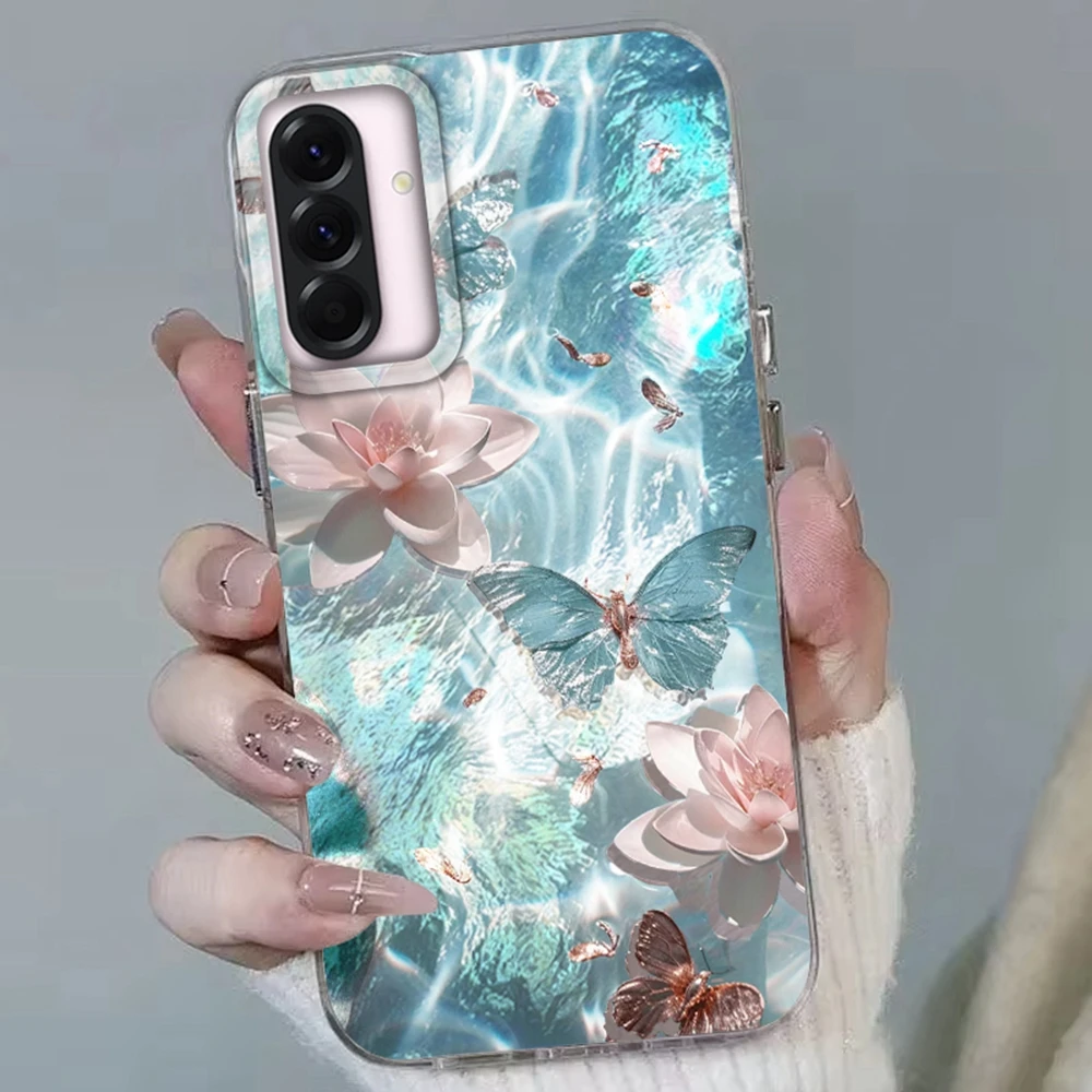 蓮の花と蝶の女の子のスマホケース、Samsung Galaxy A56 A36 A16 A17 A26 A07 A55 A35 A25 A54 S24 S25 Ultra S22 S23 FE用カバー/フンダ