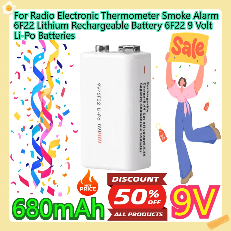 

For Radio Electronic Thermometer Smoke Alarm 6F22 Lithium Rechargeable Battery 6F22 9 Volt Li-Po Batteries 9V 680mAh