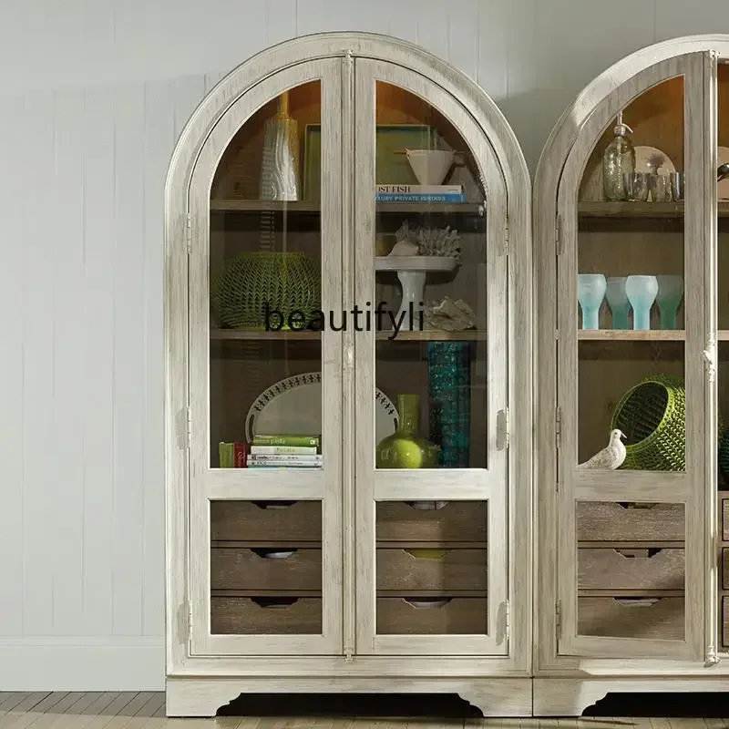 

V Solid wood dining side wine cabinet integrated against the wall kitchen living room cupboard dining French storage high cabine
