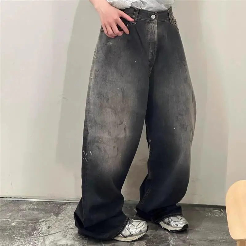 Washed out Wide Leg Jeans Black Tea Color Splashed Ink Style Ceiling Theme 2025 Spring Men's Casual Straight Tube Jeans