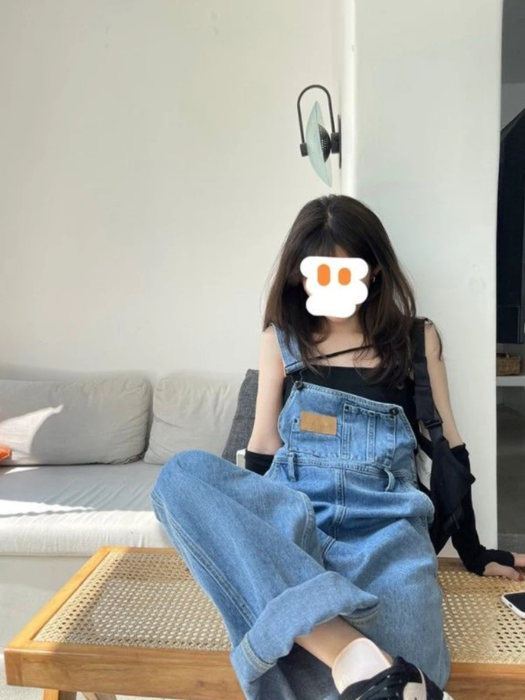 Vintage Baggy Jean Jumpsuits Women High Waist Denim Overalls Korean Style Loose Wide Leg Trousers Female