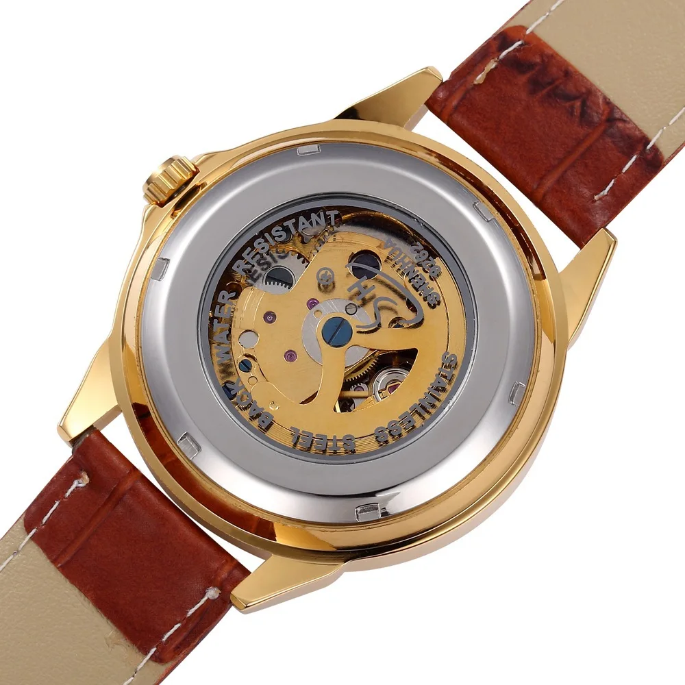 SHENHUA Transparent Golden Case Casual Design Brown Leather Strap Mens Watches Brand Luxury Skeleton Automatic Mechanical Watch