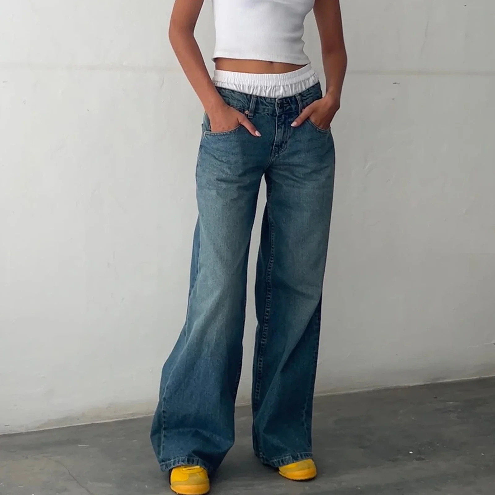 Y2K Jeans larghi da donna Pantaloni alla moda Vita bassa Casual Gamba dritta Jeans da fidanzato Pantaloni in denim con tasca Streetwear 2025