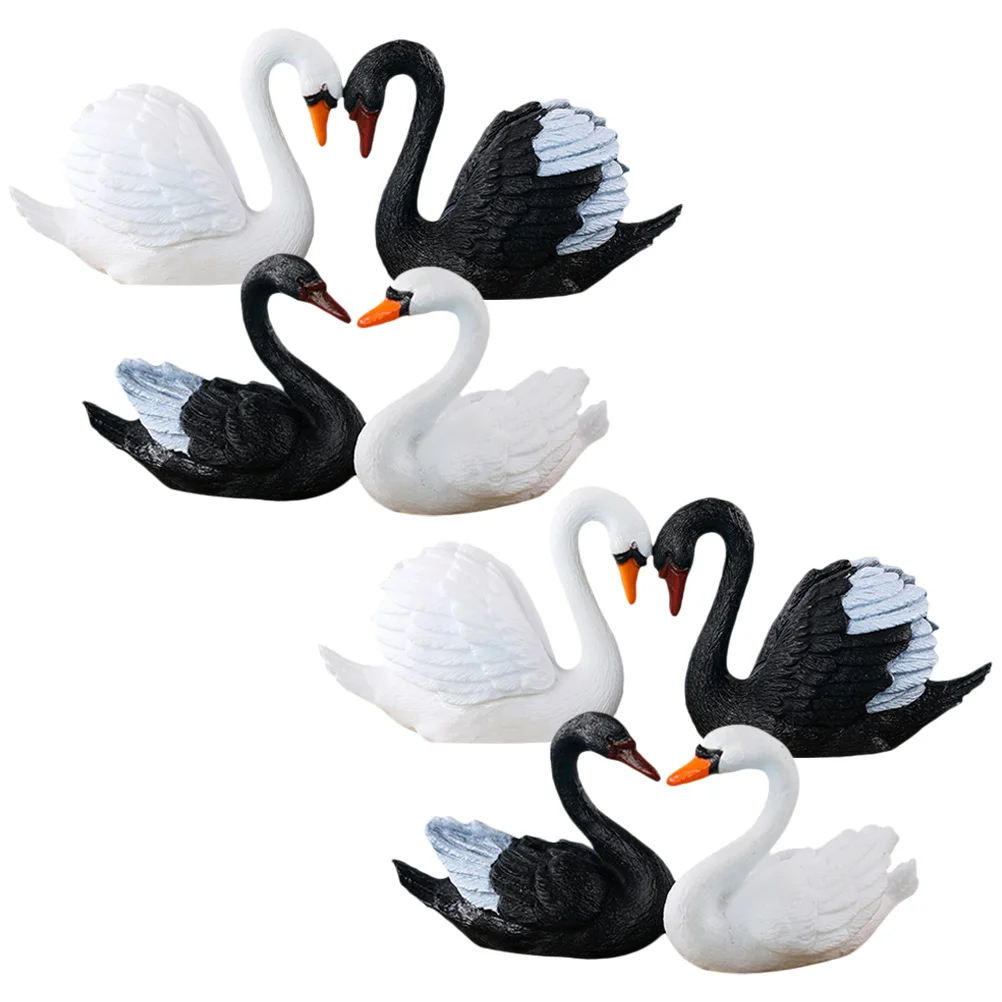 Figuras en miniatura de adorno de cisne blanco y negro, maceta, musgo, pareja romántica, figuras de plástico para amantes de los coches, 8 Uds.