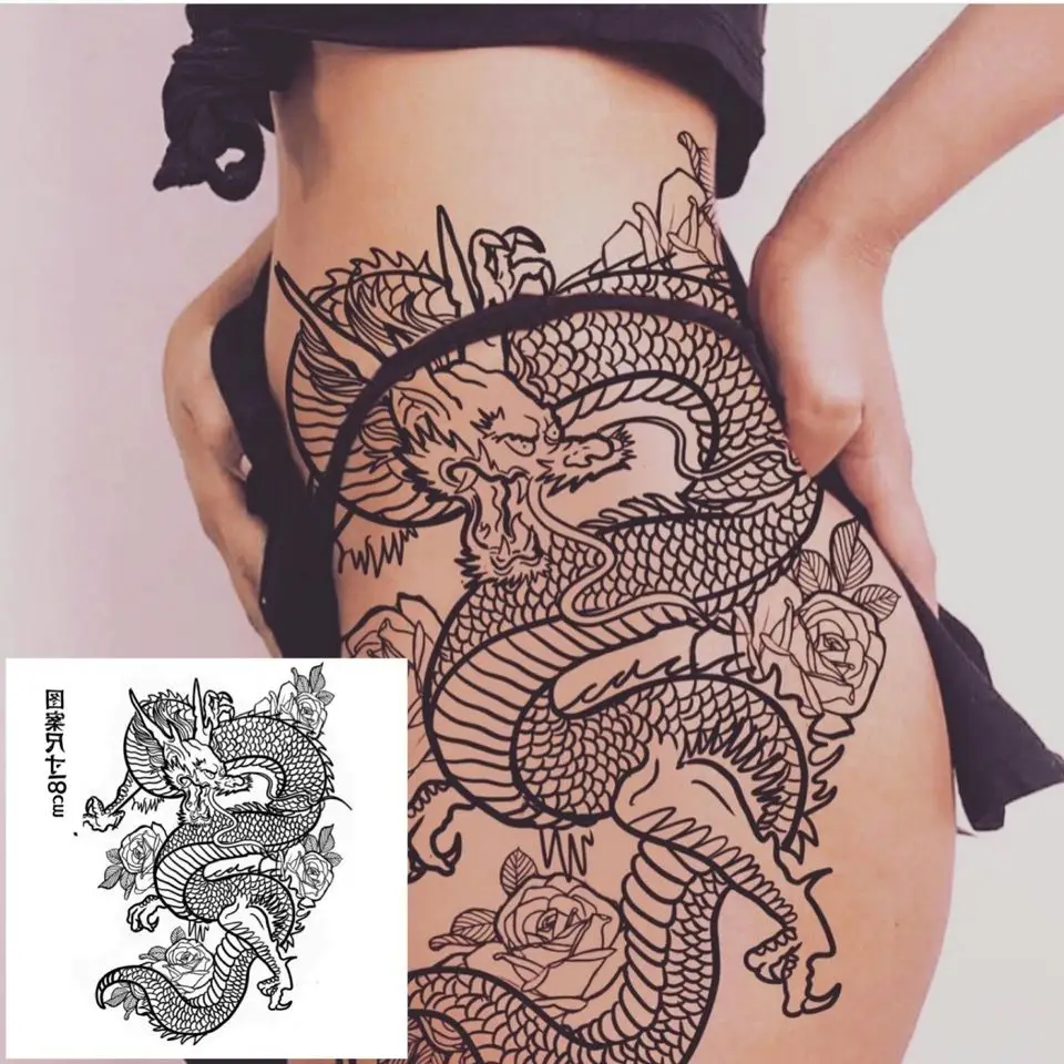 Pegatinas de tatuaje de dragón chino, tatuaje falso impermeable para mujer y hombre, arte de flores Sexy, tatuaje temporal duradero para muslo y brazo