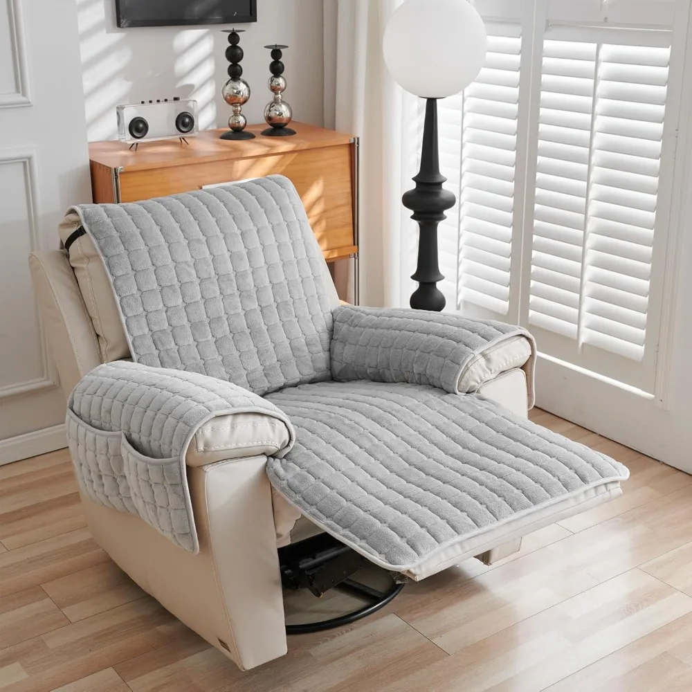 Elastic Band 1 Seat Recliner Sofa Cover Wear Resistant with Armrests Pockets Single-seat Slipcover Warm Non-Slip Chair Cover