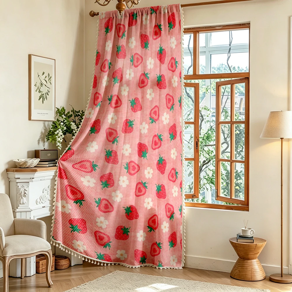 1PC Cartoon Tassel Sheer Curtains, Pink Strawberry Flower, Digital Print, Polyester, Bedroom Living Room, Rod Pocket, Home Decor