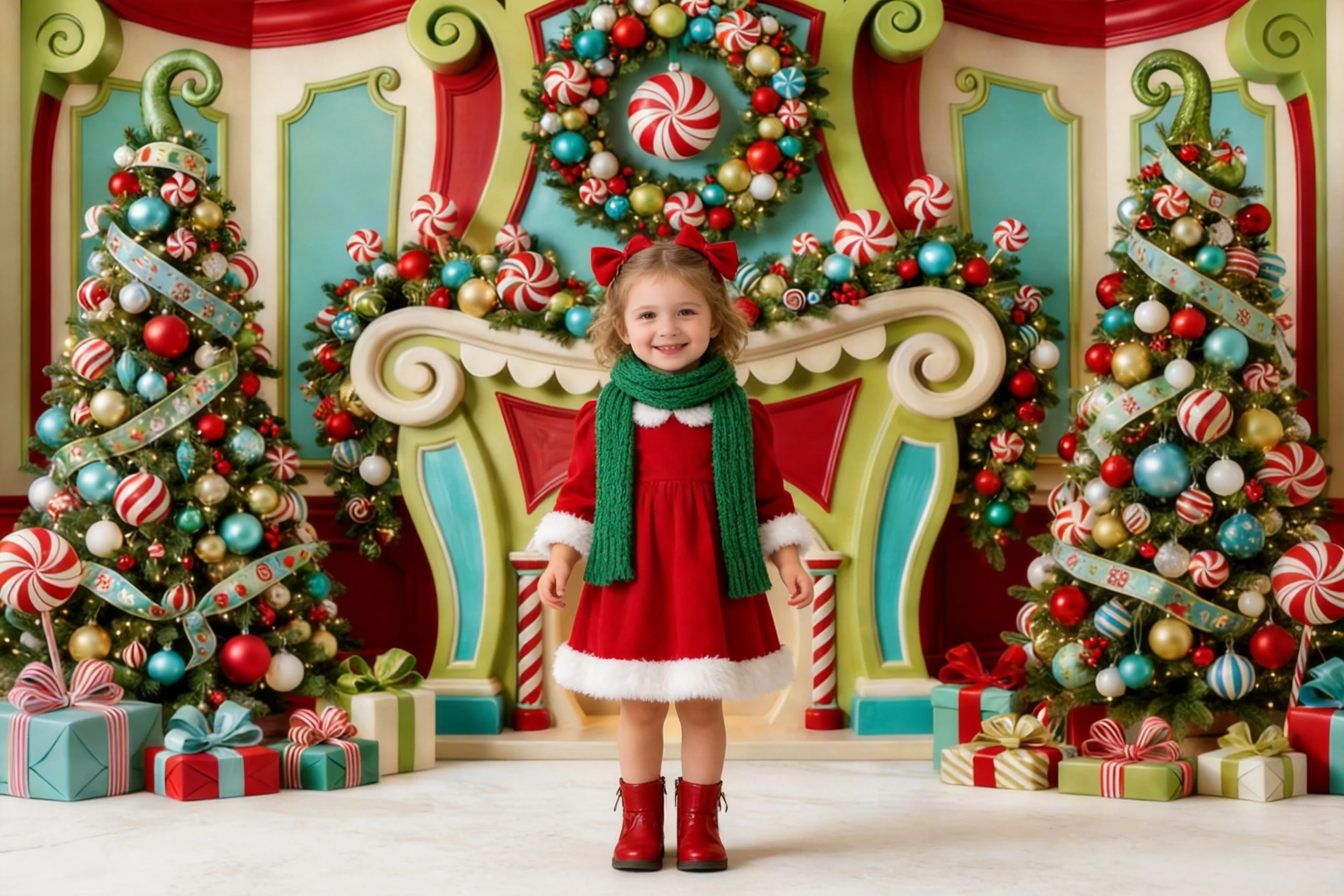 Whimsical Candy Cane Christmas Green Red Town Kitchen Fireplace Laundry Winter Cartoon Kids Family Portrait Photo Backdrop