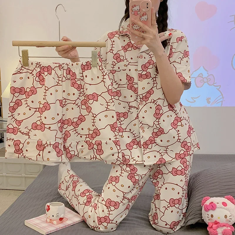 Piyama pendek Anime Sanrio Hello Kitty Kuromi Kawaii kartun longgar pakaian tidur set piyama pakaian pendek hadiah ulang tahun anak perempuan