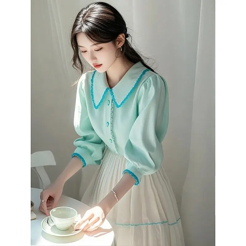 2025 Popular Temperament Casual Versatile High-end Light Luxury Mint Blue Base Shirt
