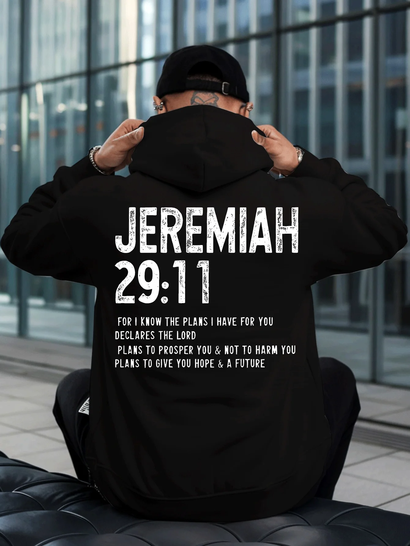 Spiritual Support Men's Loose Hooded Sweatshirt - Bible Inspirational Texts Retro Text Elements Back Print Pullover Sweater