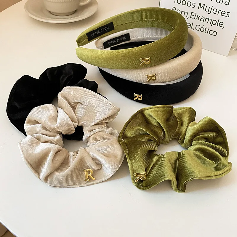 2023 Women\'s Green Velvet Sponge Thickened Hair Band Set Italian Elegant Daily Headbands for Adul Fashion Widening Headdress