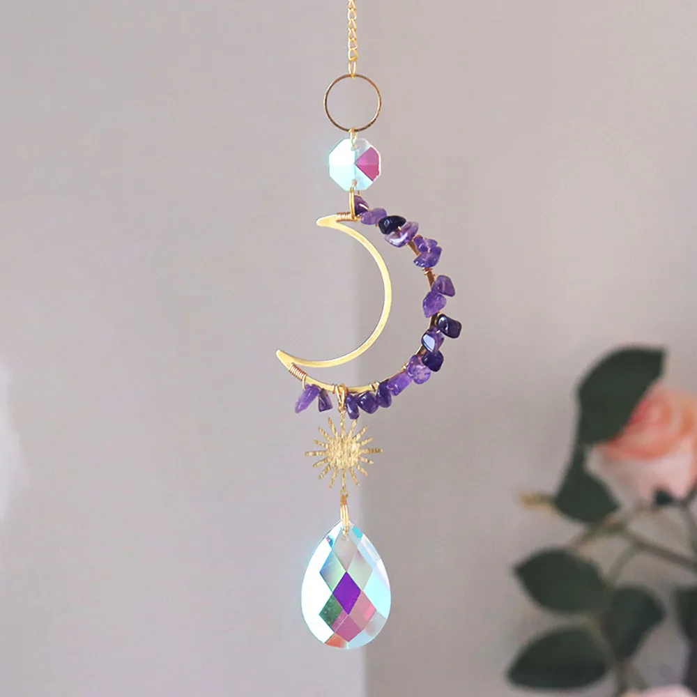 Custom Amethyst Chip Stone Sun Catcher - Celestial Moon & Star Pendant Hanging Ornament for Window Decor