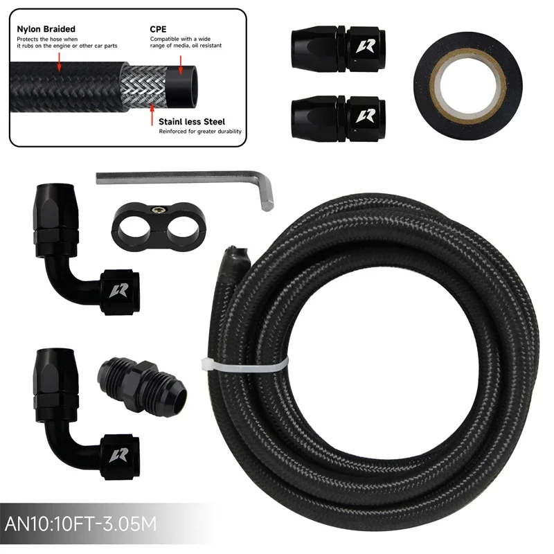 AN10 Nylon/Steel Stainless Steel Braided Gas/Oil/Fuel Line + AN10 Hose End Fitting Kit Universal 10FT 3meters Black / Silver