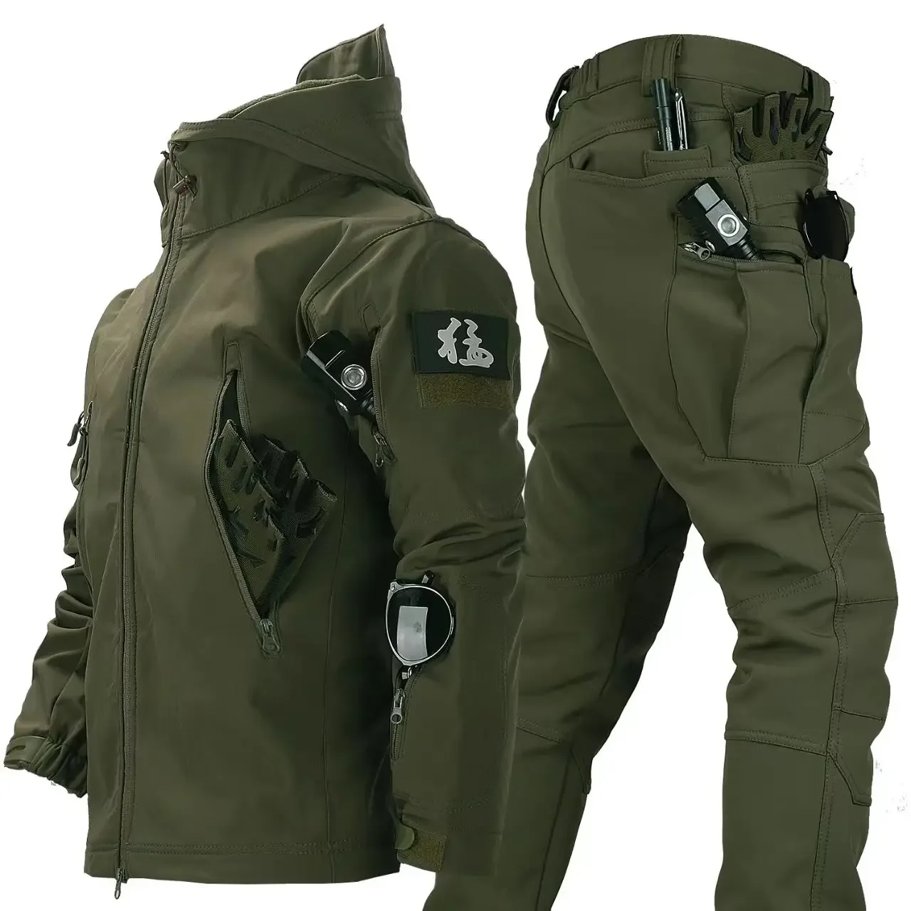 Winter Outdoor Work Sets Mens Field Training Jackets Multi-Pocket Fleece Cargo Pants Tactical Waterproof Camping Tracksuits Set