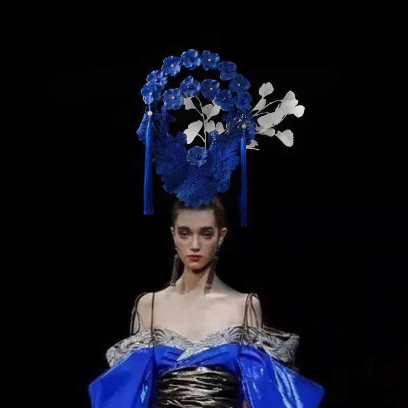 

qq34Hair в китайском стиле, синий и белый фарфоровый головной убор, аксессуары Cheongsam, модель, показ, преувеличенный моделирующий реквизит