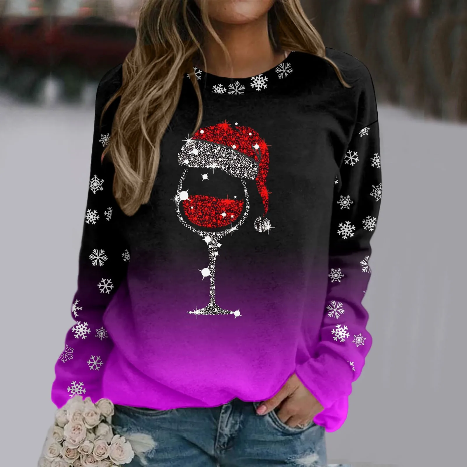 Womens Christmas Sweatshirt Plus Size Red Wine Glass Graphic Vintage Running Cozy Hoodies 2025 New Year Streetwear Clothes