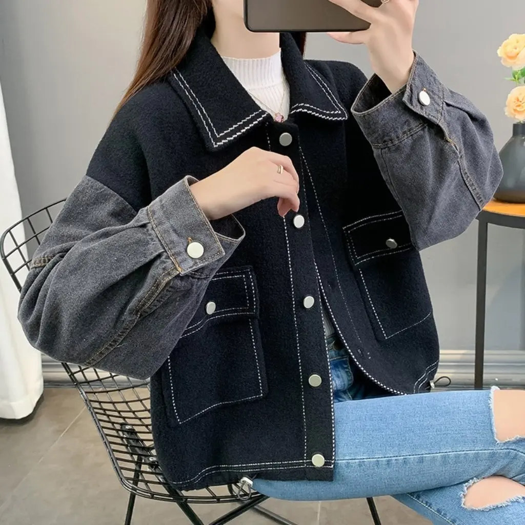 

Women's Autumn Winter Fashion Knitted Cardigan Denim Stitching Contrast Color Woolen Jacket All-match Age-reducing Top Design