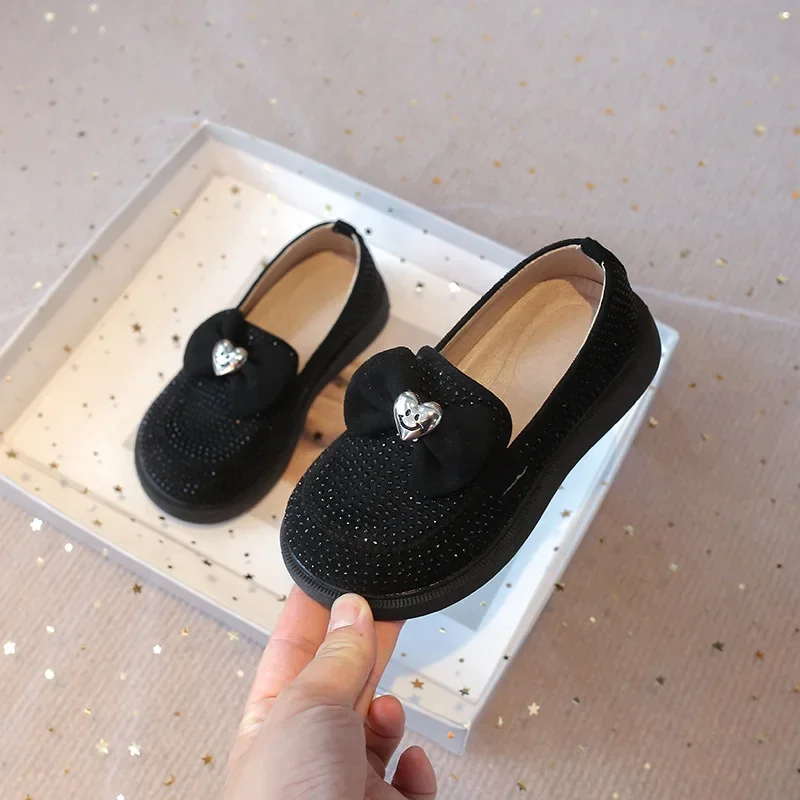 Girls Casual Shoes for Medium Big Kids Fashion Bow-know with Heart Princess Sweet Bling Rivets Sweet Children Loafers Slip-on