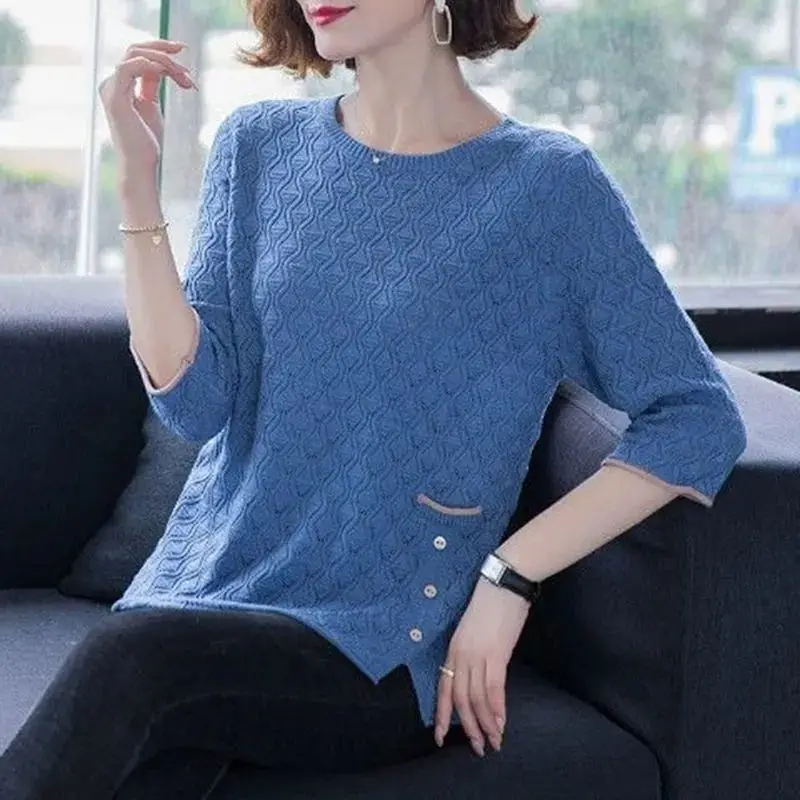 Round Neck Women\'s Clothing Solid Pockets Button Autumn Winter Thin Casual Three Quarter Sleeve Sweaters Hollow Out Pullovers