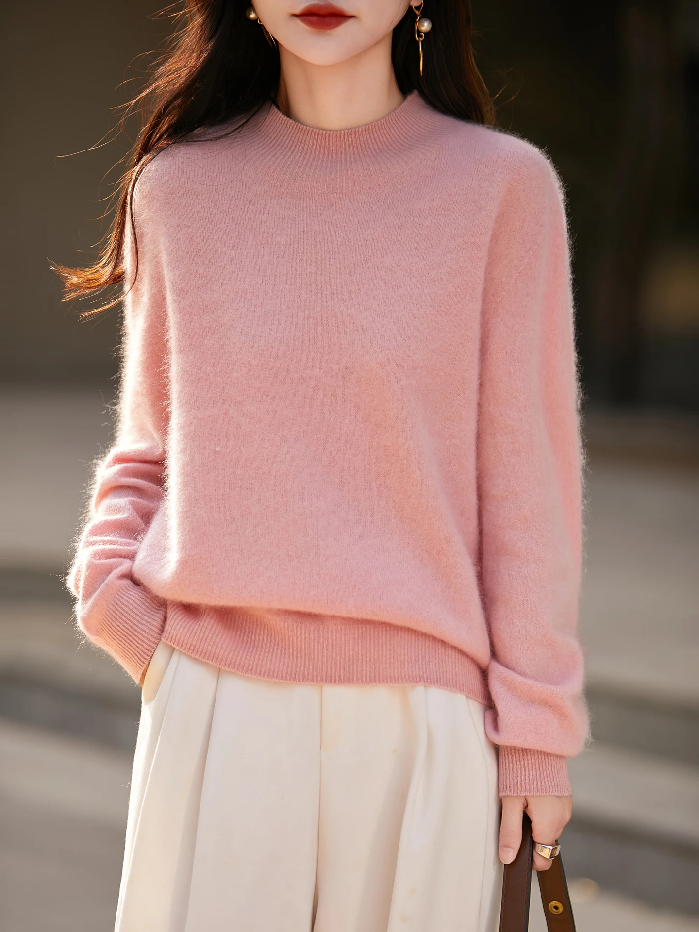 

Женский свитер TLOML из 100% мериносовой шерсти, плюшевый, с воротником-стойкой, однотонный пуловер, осенне-зимний, кашемировый трикотаж, повседневный, свободный, удобный топ