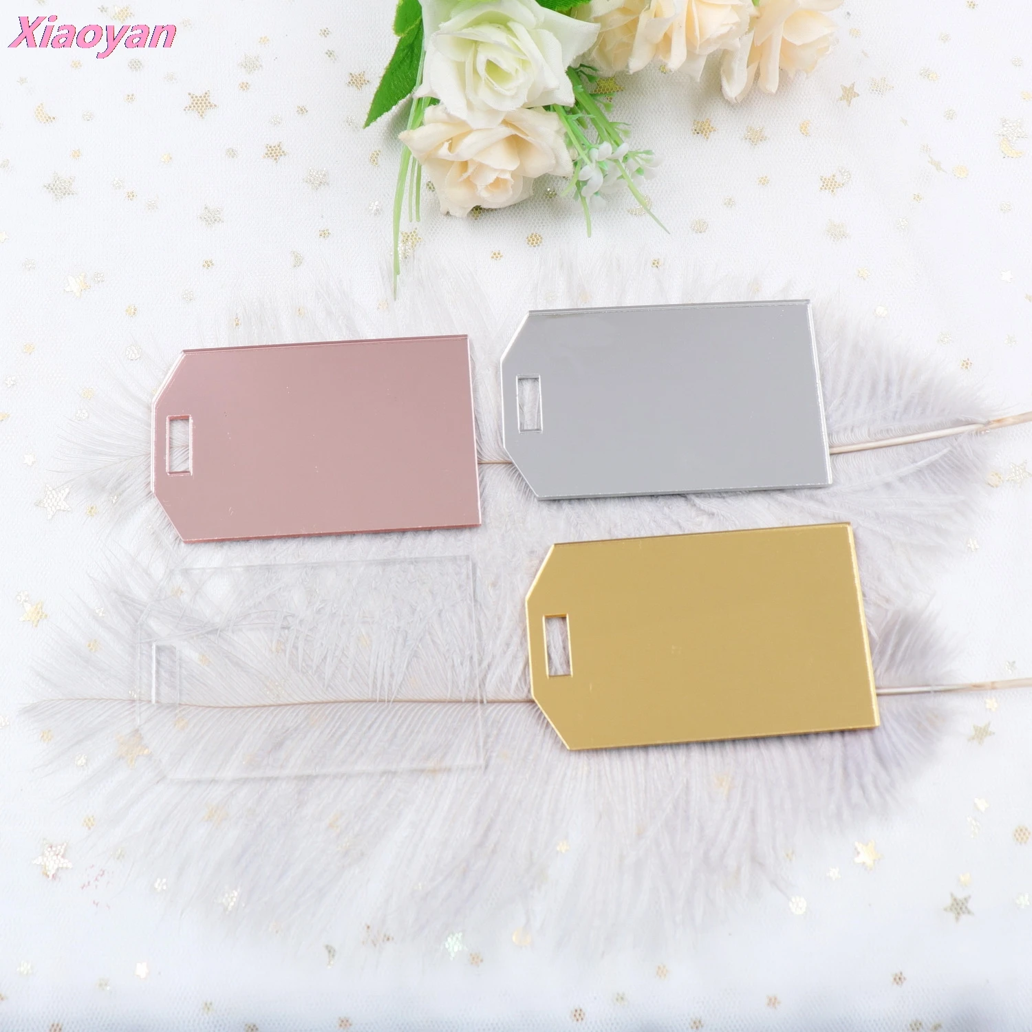 2pcsCH1060 -80mm Mirrored Wedding Favour Laser Cut Acrylic Name, Clear Luggage Tag