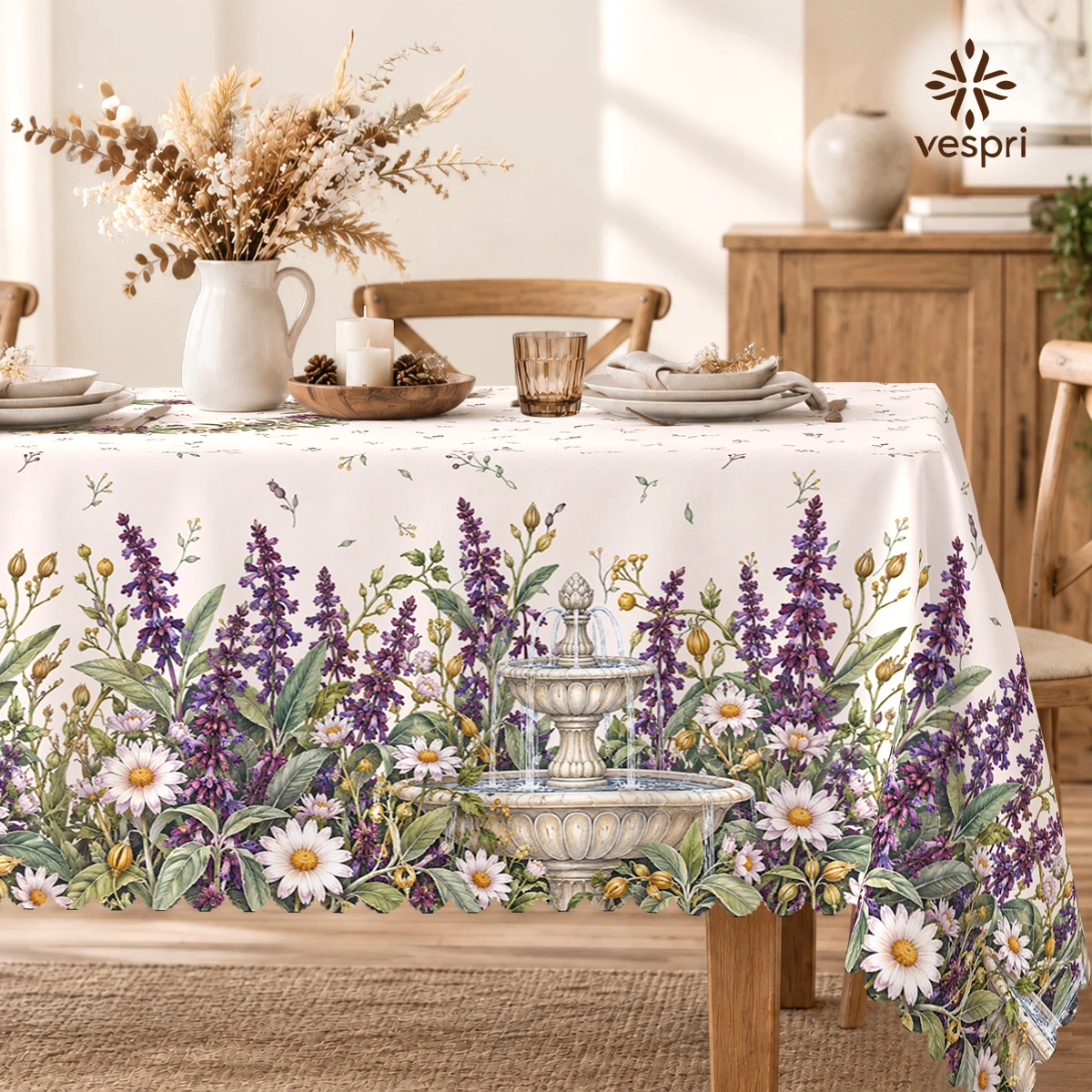 Garden Tablecloth with Coneflowers & Poppies for Indoor/Outdoor Camping decor, Rectangular/Round/Oval