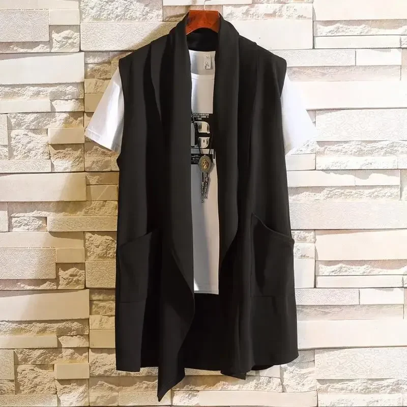 Men Fashion Long Vest Sleeveless Jacket Cardigan Male Nightclub Singer Stage Costume Korean Casual Gilet Cloak Colete Masculino