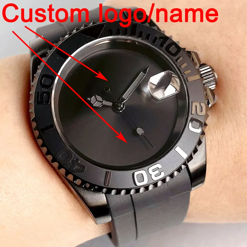Quadrante nero personalizzato con data senza pennarelli 20ATM 40mm Cassa in PVD nero NH35 Orologio automatico con lunetta in ceramica zaffiro Cinturino in caucciù
