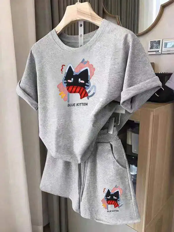 

Casual Sportswear Set Women's Loose Fit Summer Large Size Short Sleeve round Neck Two-Piece Set Trendy plus Size Cartoon Print