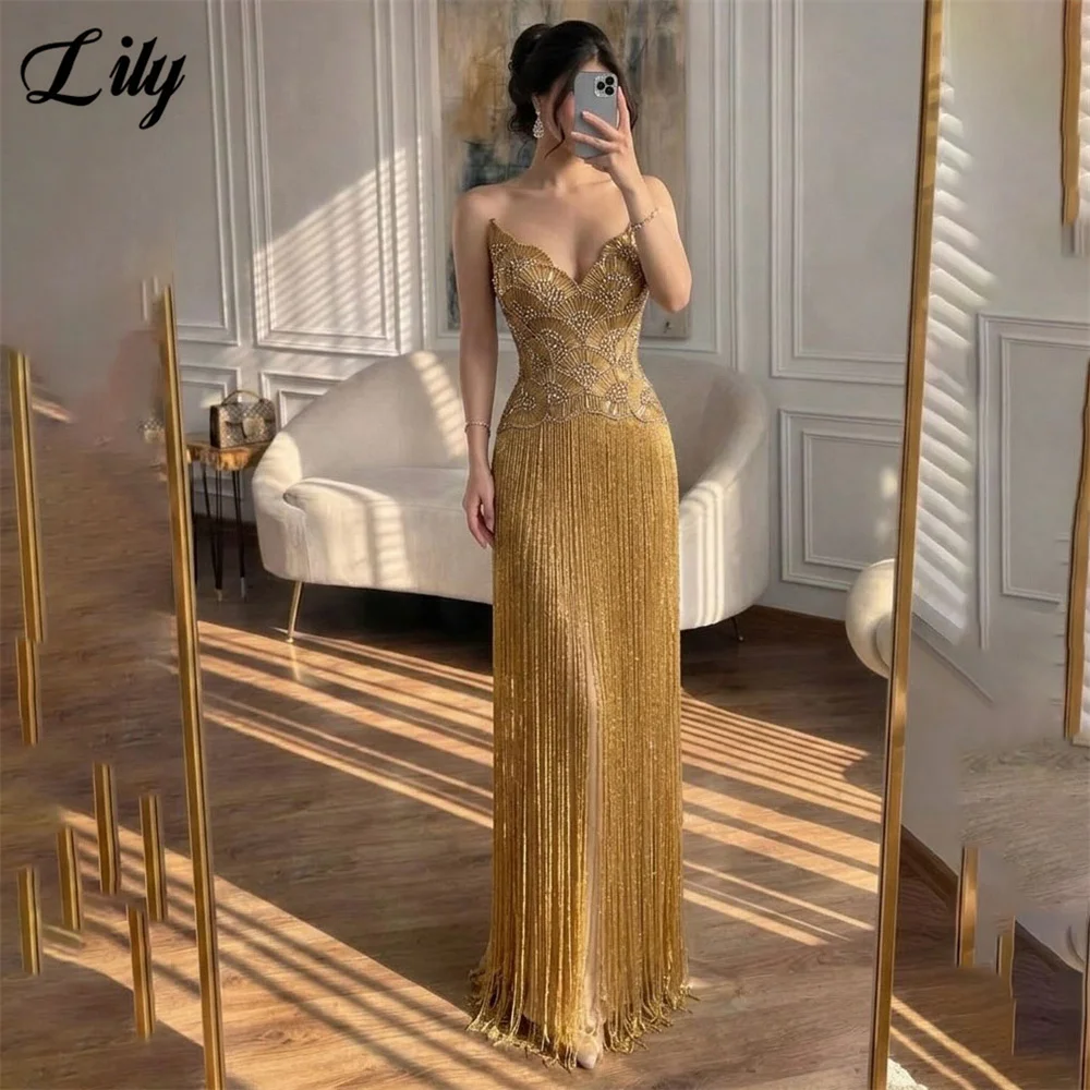 

Lily Gold Formal Evening Dress Scalloped Neck Gala Dress Ultra Thin Crystal Prom Dress Fringe Mermaid Celebrity Dress Customized