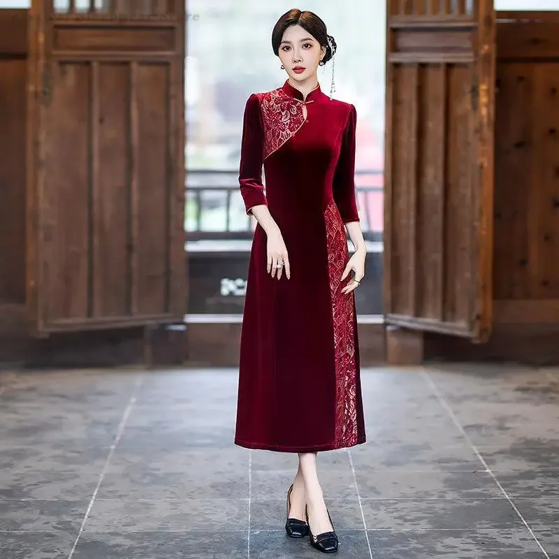 

Кружевное бархатное платье Cheongsam большого размера 4XL Qipao Ao Dai трапециевидное платье китайское традиционное Qipaos винтажное улучшенное платье Vestidos