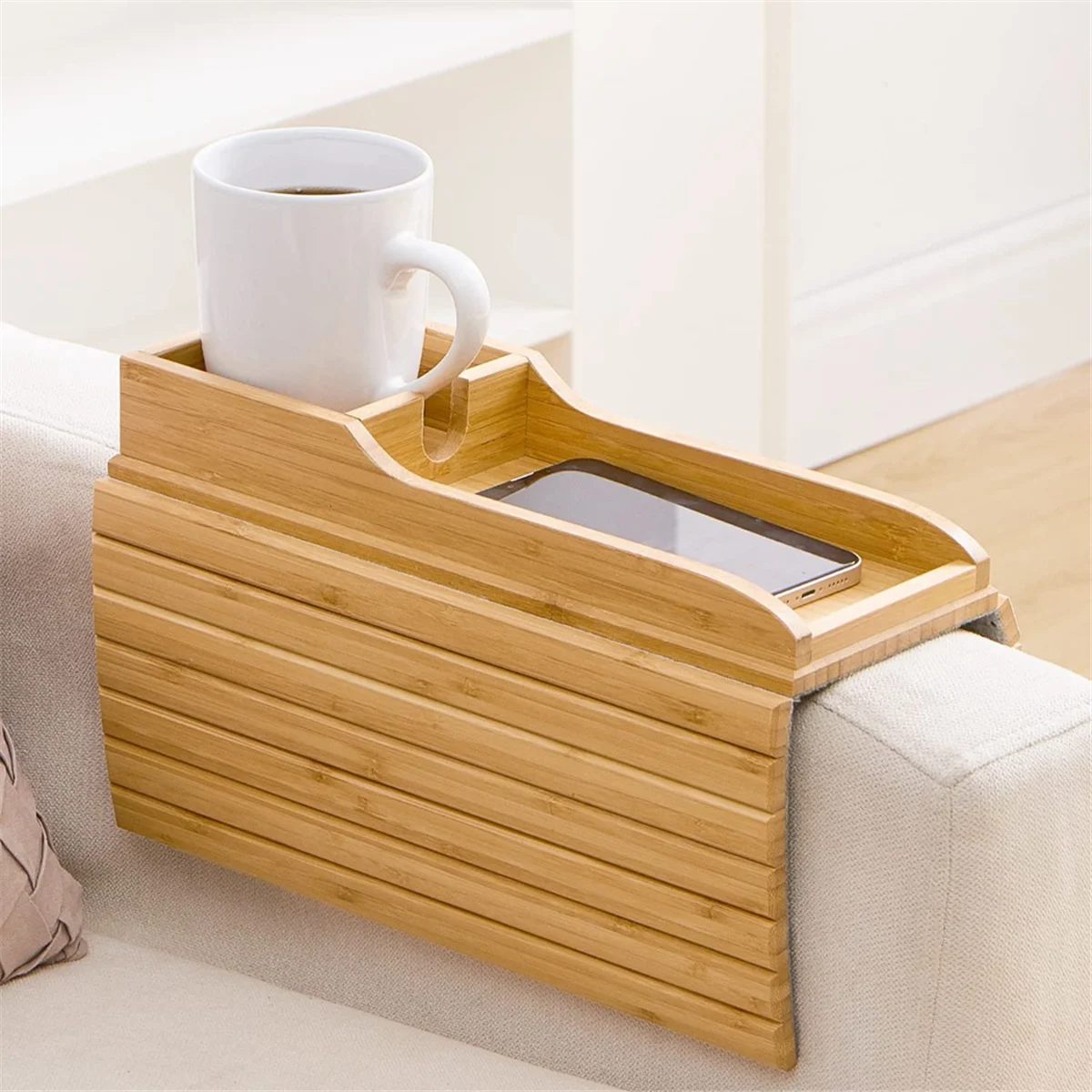 Couch Cup Holder, Couch Drink Holder, Natural Bamboo Sofa Cup Holder Armrest Tray, Portable Couch Arm Tray Table