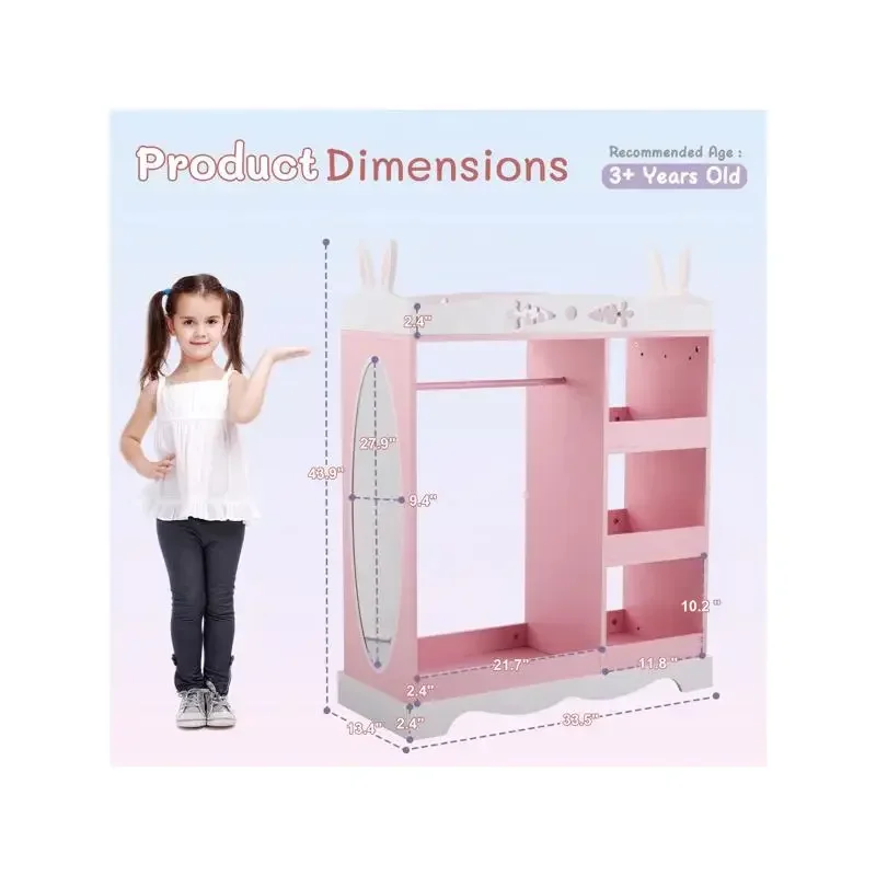 Pink MDF + Particleboard Children's Wardrobe with 1 Mirror, 3 Shelves, and 1 Clothes Rod; Rabbit Ear Design