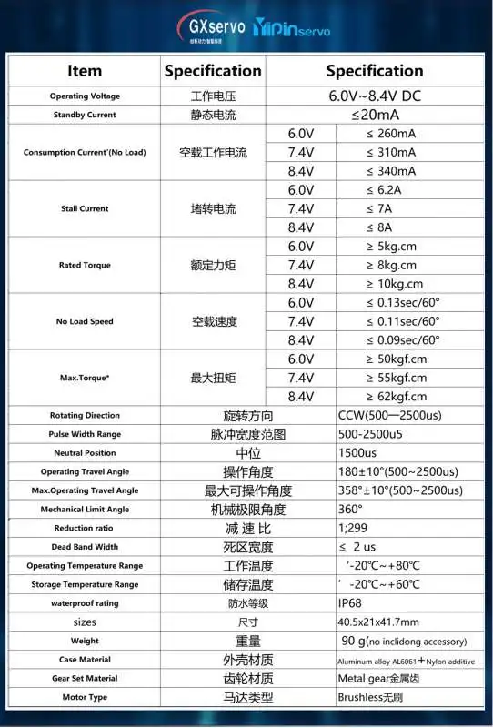 YP3260BLS 60KG 5.0-7.4V High Torque Steel Gear Digital Servo Brushless Motor 180/270/357/360° All Metal Servo Arm for Robot Cars