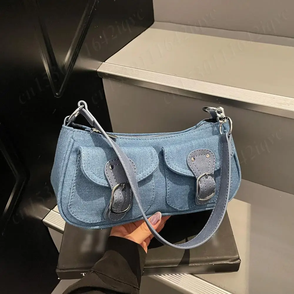 

2025 женская джинсовая сумка подмышки, модная винтажная сумка на плечо Y2k, однотонная сумка, модная повседневная сумка с двойными карманами подмышками