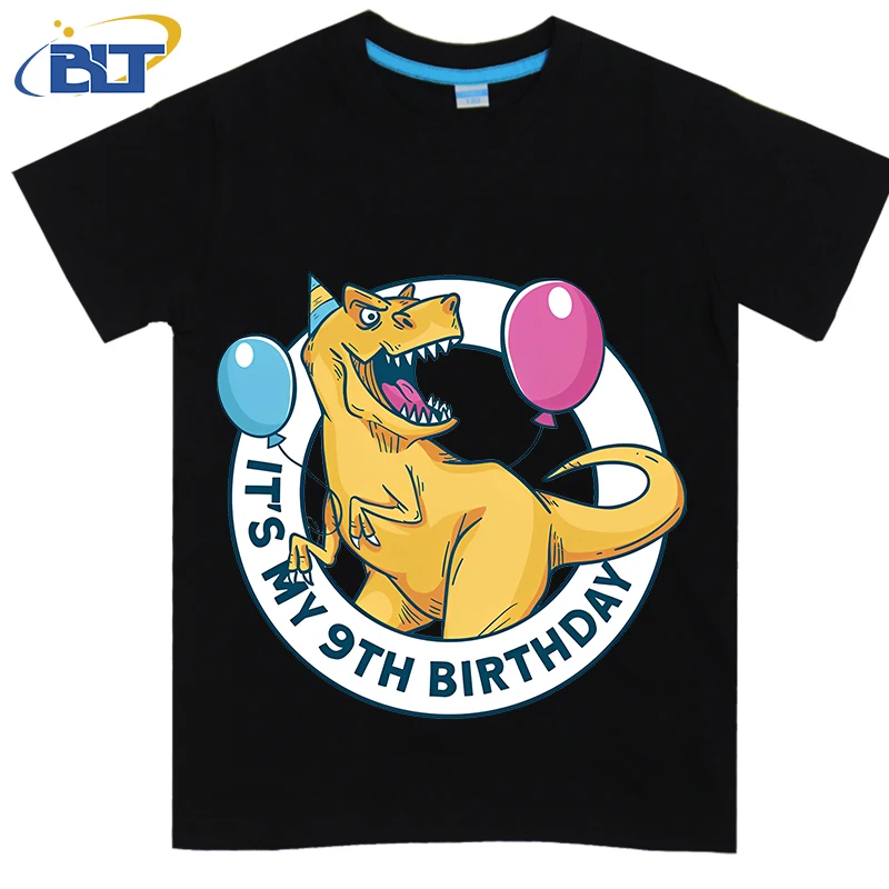 9th Birthday Balloon Dinosaur printed kids T-shirt, summer cotton short-sleeved casual top, suitable for both boys and girls