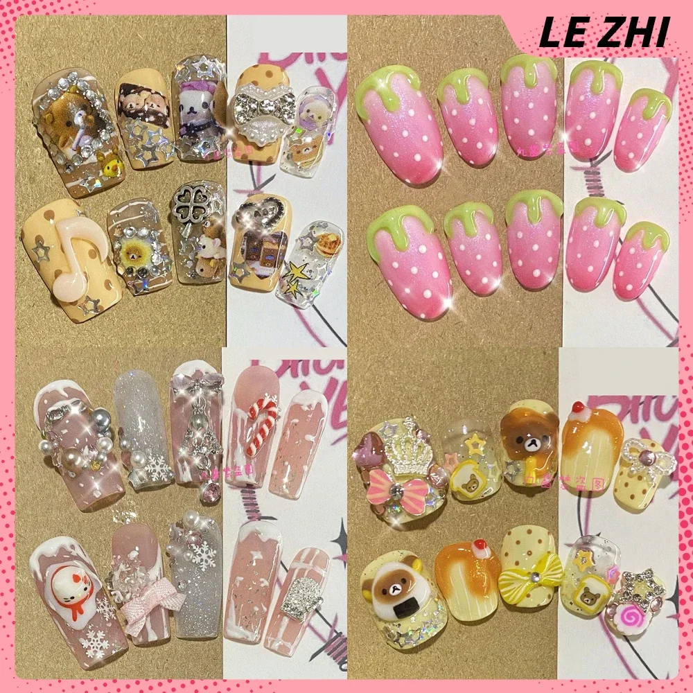 

Cute Handmade Y2K Hello Kitty Press On Nails 3D Bear Snowflake Snowman Kt Cat Strawberries Customizable False Nails Party Gift