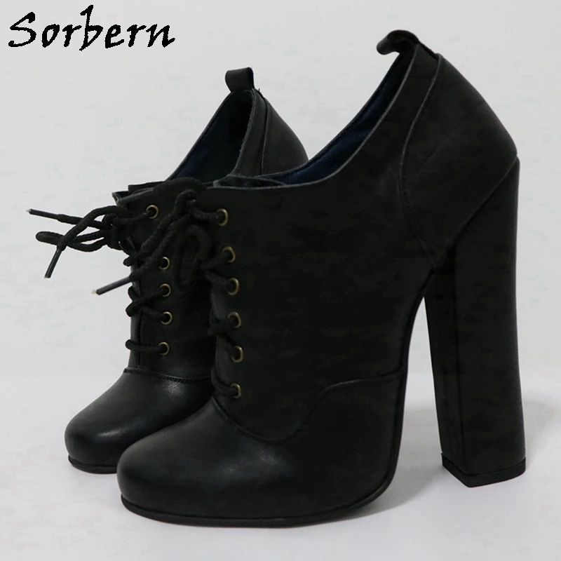 Sorbern Retro 16Cm Round Toe Women Pump Shoes Block High Heels Lace Up Ankle Lace Up Chunky heeled Custom Colors