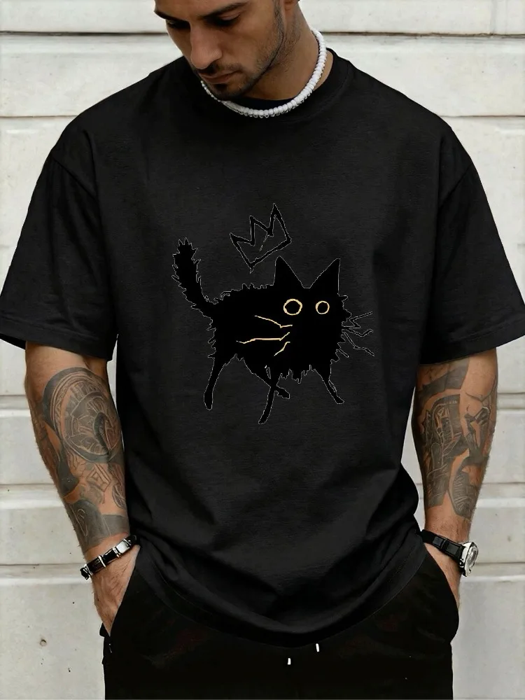Mens Cotton Tee Abstract Scared Black Cat Crown Graphic Short Sleeve Vintage Gothic Daily Street Casual Loose Top For Young Guys
