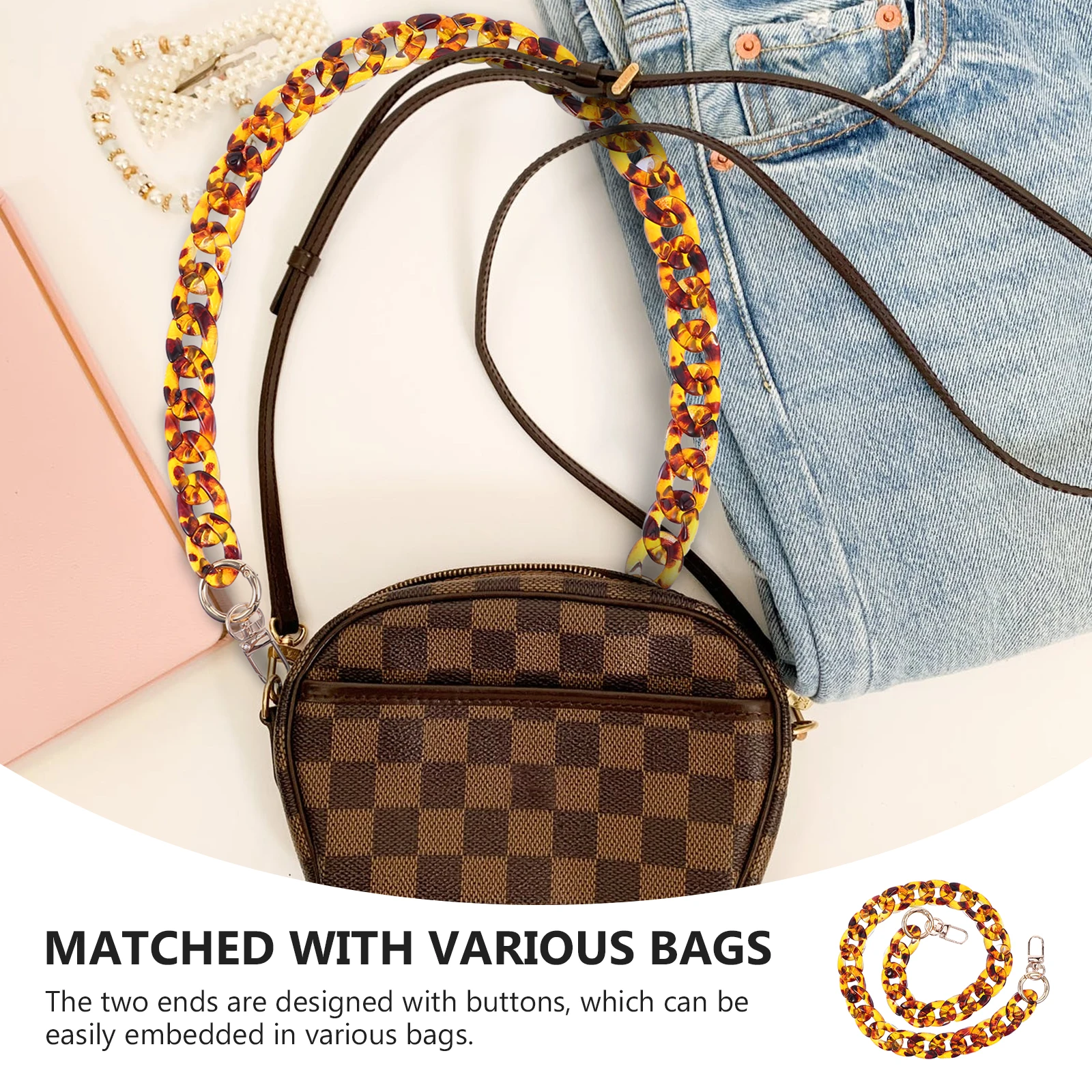 

Acrylic Bag Chain Vintage Shoulder Strap Practical Decorative Chain for Bag Replacement Pendant Leopard Pattern Strap