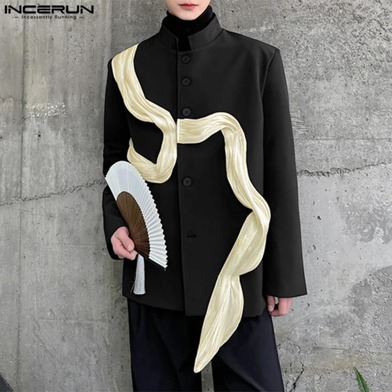 INCERUN Irregular Ribbons Splicing Design Blazer 2024 Men Causal Long Sleeve Tops Solod Color Elegant Shirt Collar Loose Jackets